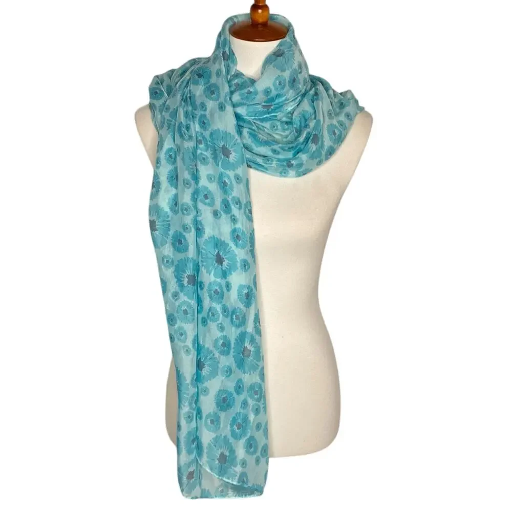 Life Is Good Scarf Sheer Floral Sky Blue Turquoise Lightweight One Size Boho